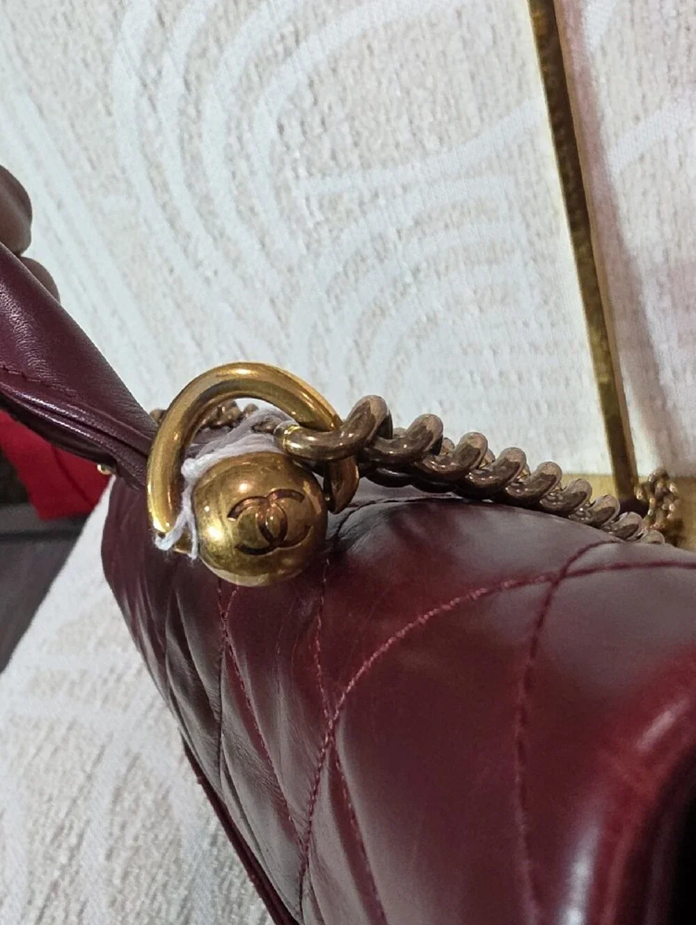 CHANEL Crinkle Leather Top-Hnadle Flap Bag in Deep Burgundy with Gold Hardware